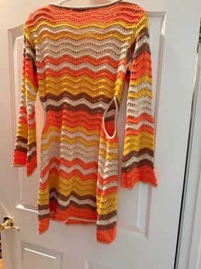 Cupshe Orange Yellow Brown Wave Knit Long Sleeve Dress